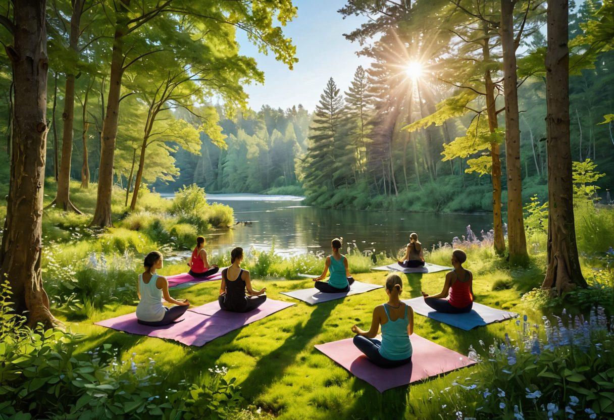 A serene landscape featuring a sunlit forest with lush green trees, a tranquil river flowing gently, and wildflowers blooming in vibrant colors. In the foreground, a diverse group of people practicing mindfulness, meditation, and yoga on colorful mats, radiating happiness and joy. Soft light filters through the trees, creating a magical atmosphere. super-realistic. vibrant colors. peaceful setting.