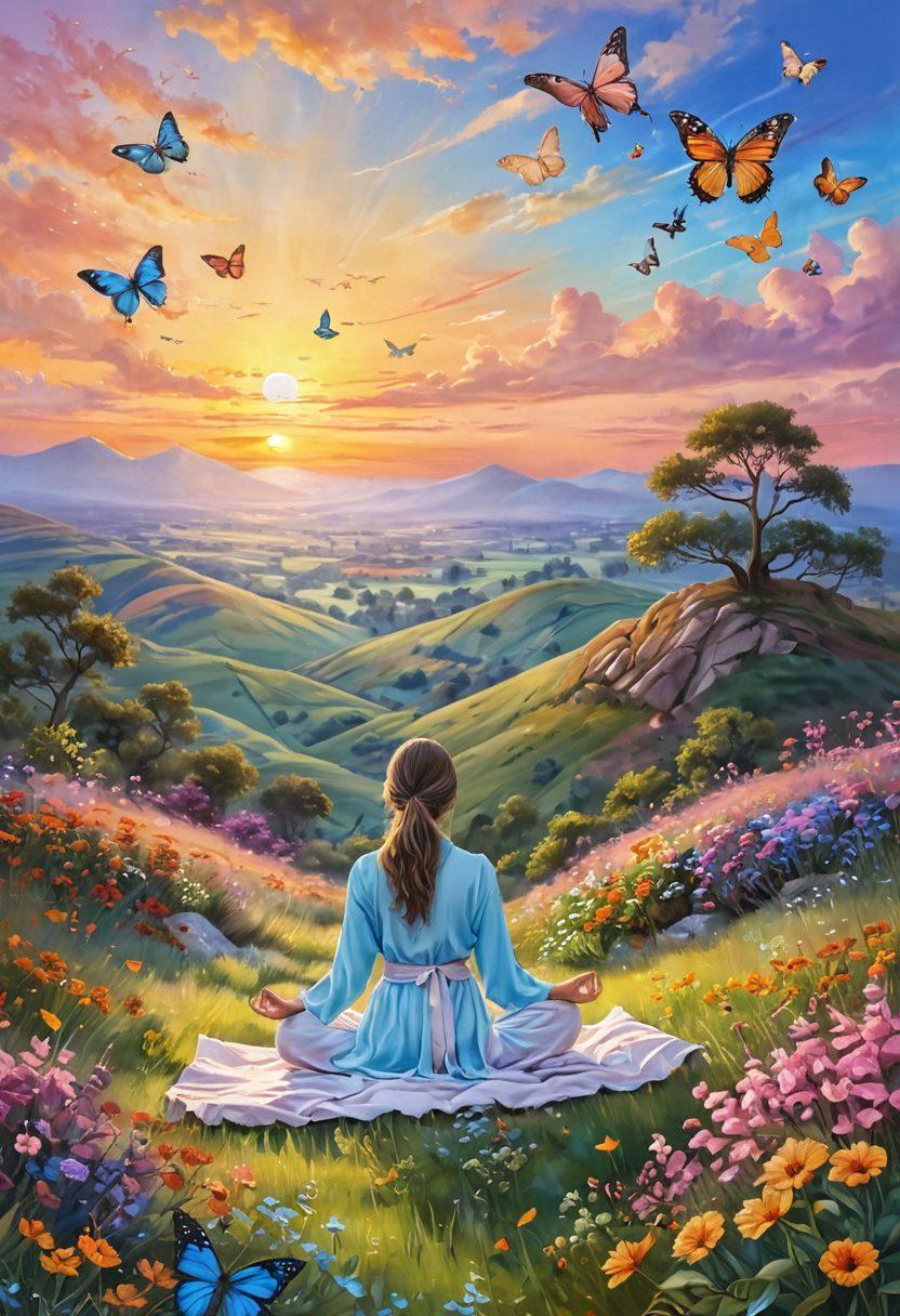 A serene landscape featuring a person meditating on a vibrant hilltop, surrounded by colorful flowers and fluttering butterflies, embodying the essence of joy and tranquility. The sky is painted with soft pastel colors of sunrise, creating a warm and inviting atmosphere. Include elements like a gentle breeze depicted through flowing fabric and scattered musical notes in the air, symbolizing happiness. super-realistic. vibrant colors. soft pastel background.